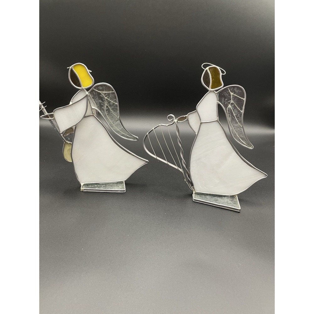 Vintage Stained Glass Angels With Instruments Set Of Two - Picture 11 of 14